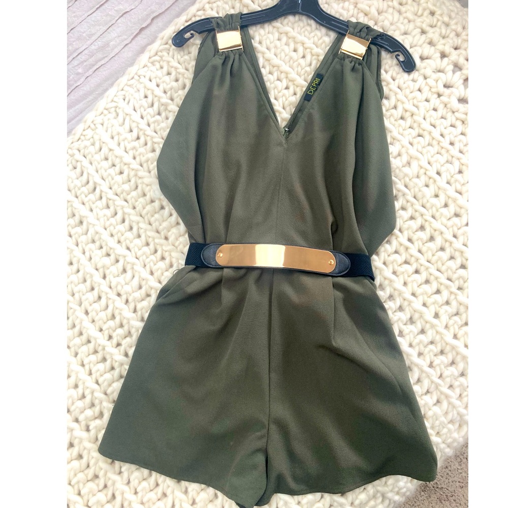 Army green romper with gold embellishments